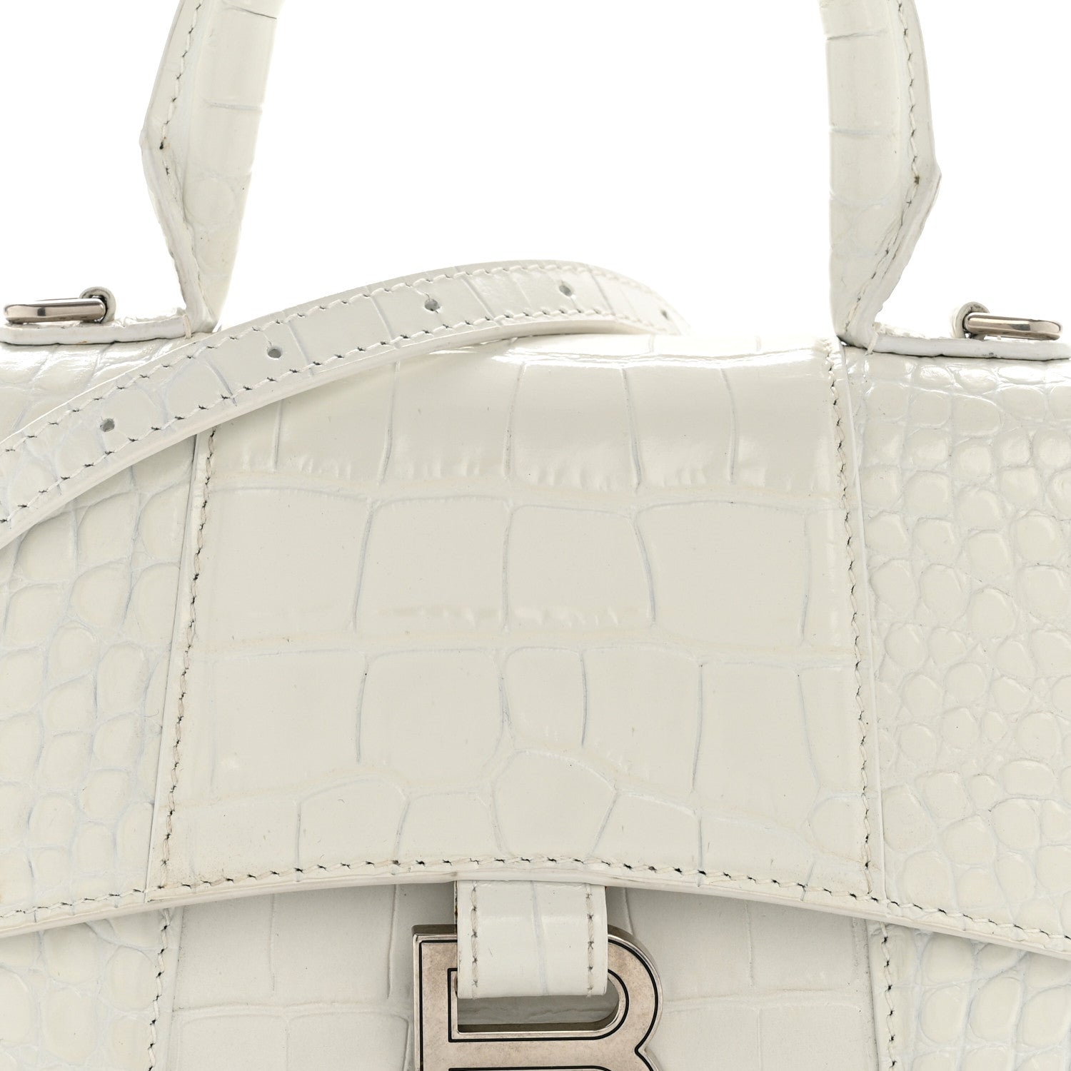 Balenciaga Shiny Calfskin Crocodile Embossed Hourglass Top Handle Bag XS White 8 of 13