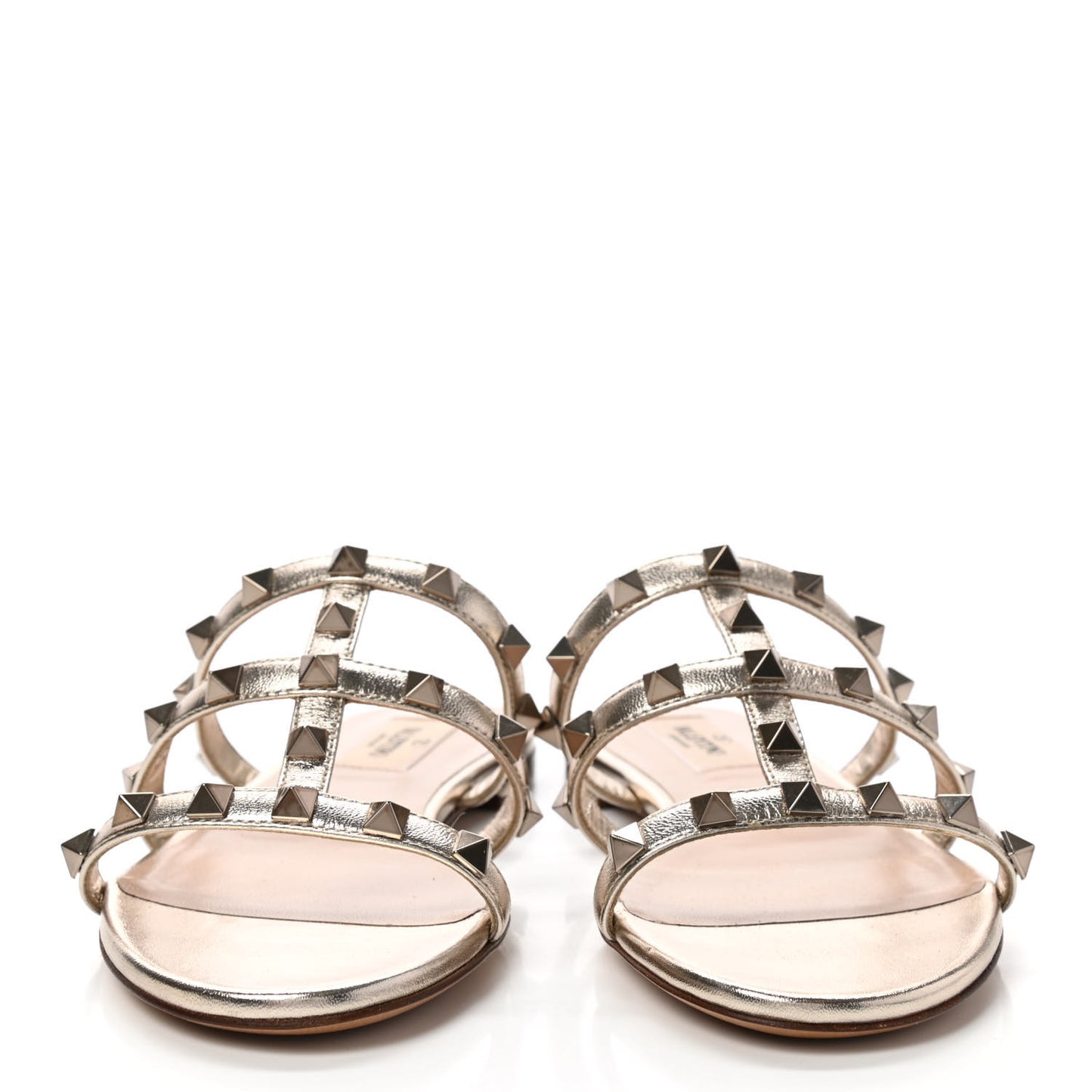 Metallic Nappa Rockstud Caged Flat Slide Sandals 35 Skin