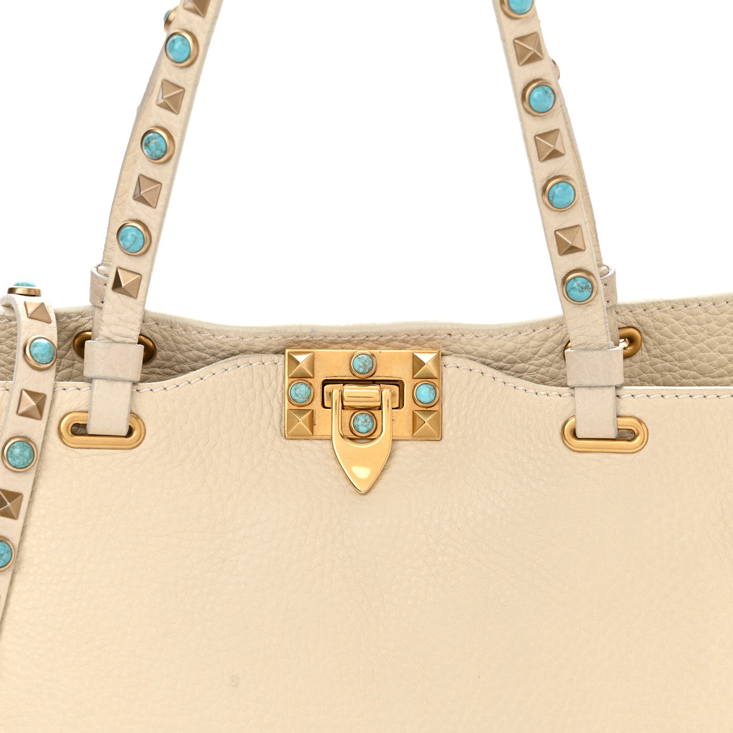 Valentino Garavani Grained Calfskin Turquoise Small Rockstud Rolling Tote Light Ivory 8 of 16