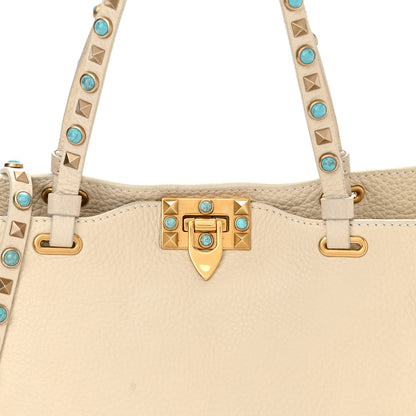 Valentino Garavani Grained Calfskin Turquoise Small Rockstud Rolling Tote Light Ivory 8 of 16