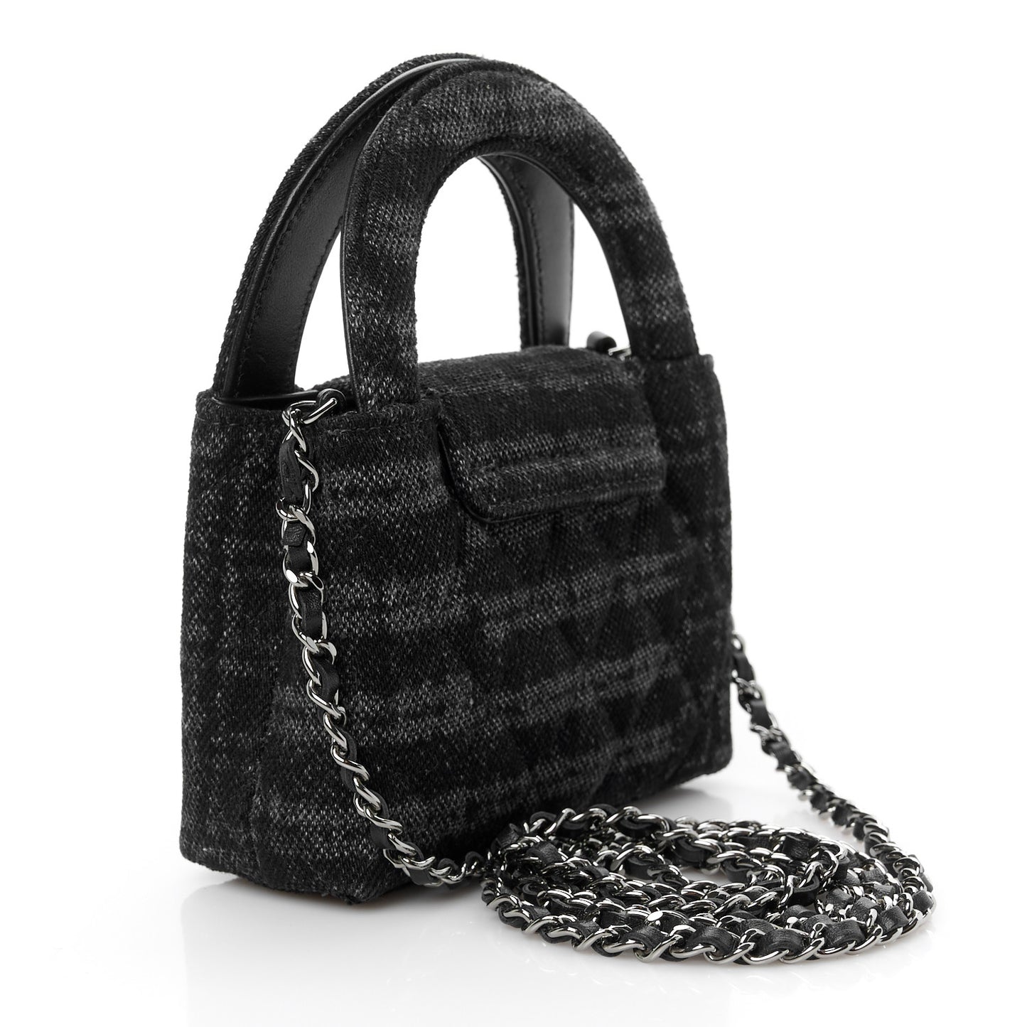 Printed Denim Quilted Mini Nano Kelly Shopper Black Grey