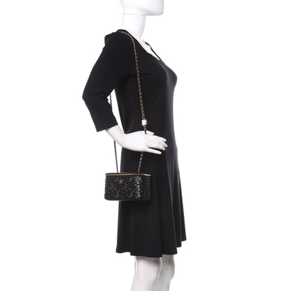 Chanel Goatskin Camellia Embossed Quilted Small Vanity Case With Chain Black 2 of 10