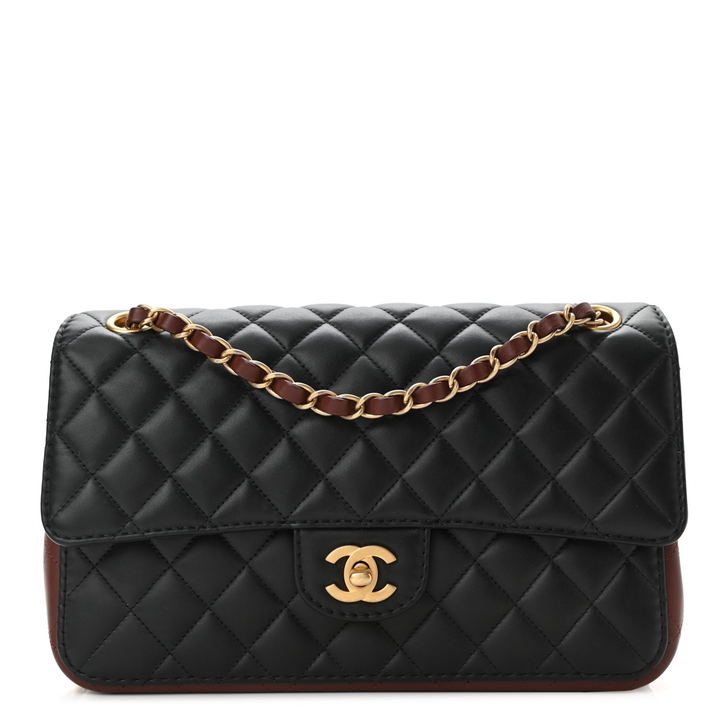 Calfskin Quilted Strap Into Flap Bag Black Brown
