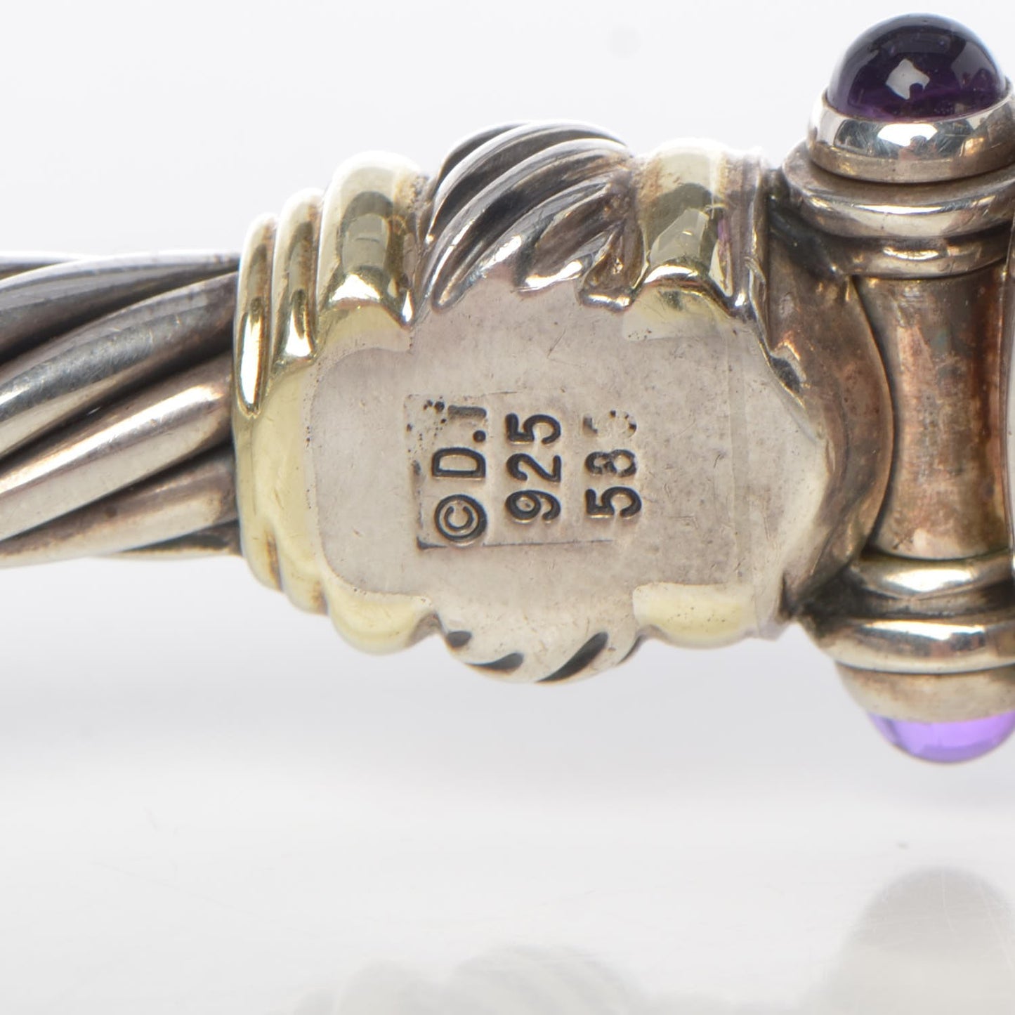 Sterling Silver 14K Yellow Gold Mother of Pearl Amethyst 21mm Classic Cable Quartz Watch