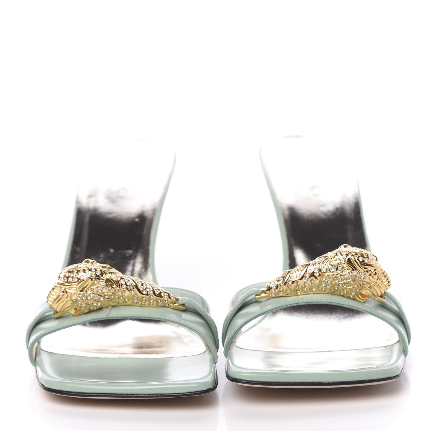 Nappa Dora Tiger Head Mid Heel Slide Sandals 37 Aqua Green