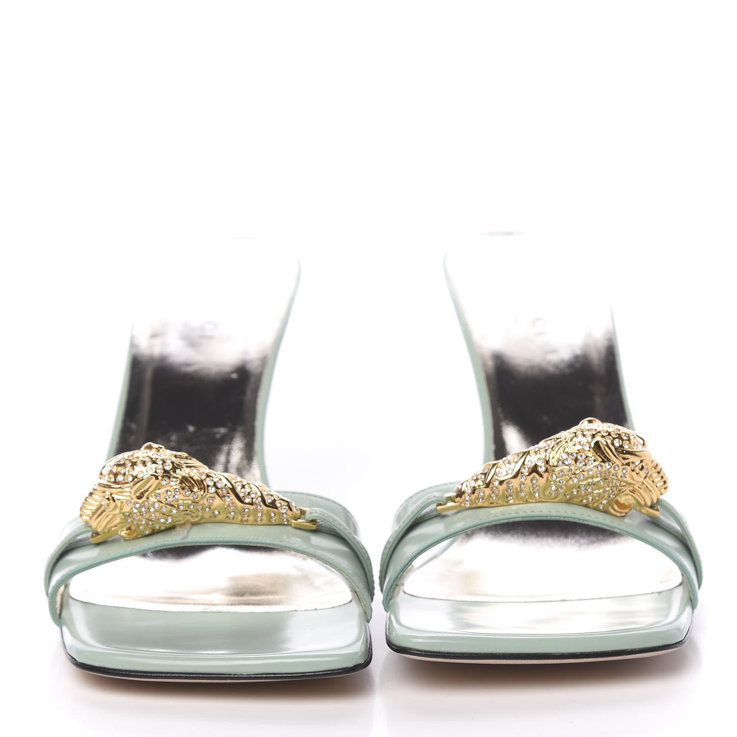 Gucci Nappa Dora Tiger Head Mid Heel Slide Sandals 37 Aqua Green 2 of 10
