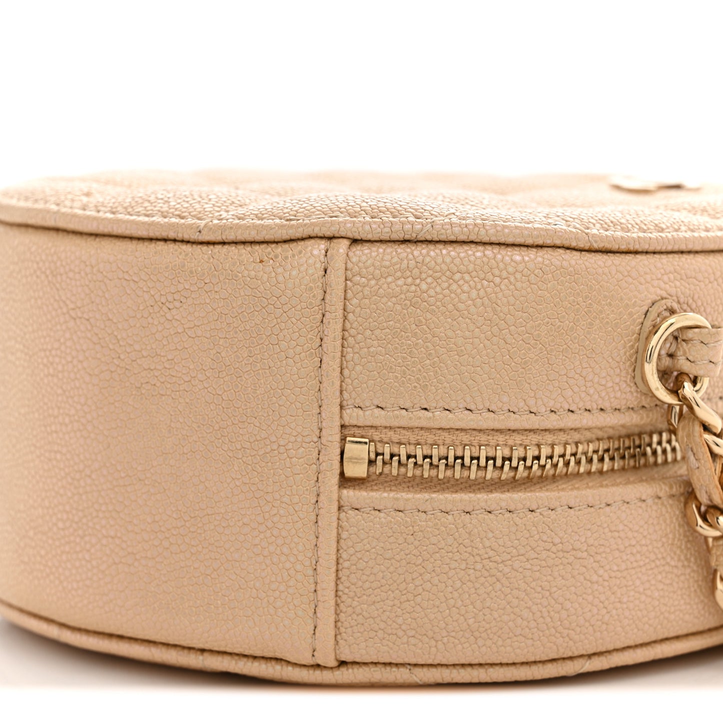 Iridescent Caviar Quilted Round Clutch With Chain Beige