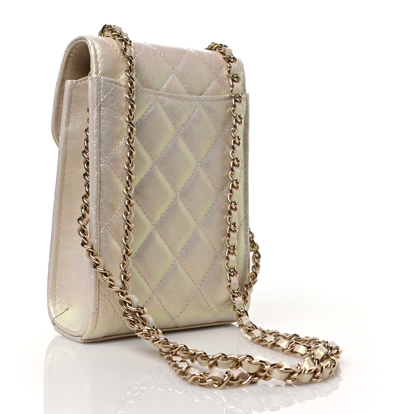 Iridescent Lambskin Quilted CC Phone Holder Ivory