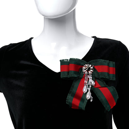 Gucci Ribbon Web Crystal Bow Brooch Red Green 2 of 7