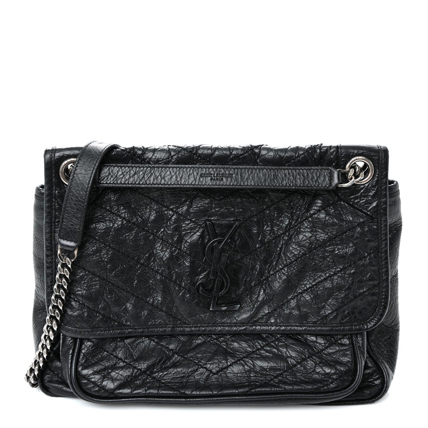 Crinkled Calfskin Matelasse Monogram Medium Niki Chain Satchel Black