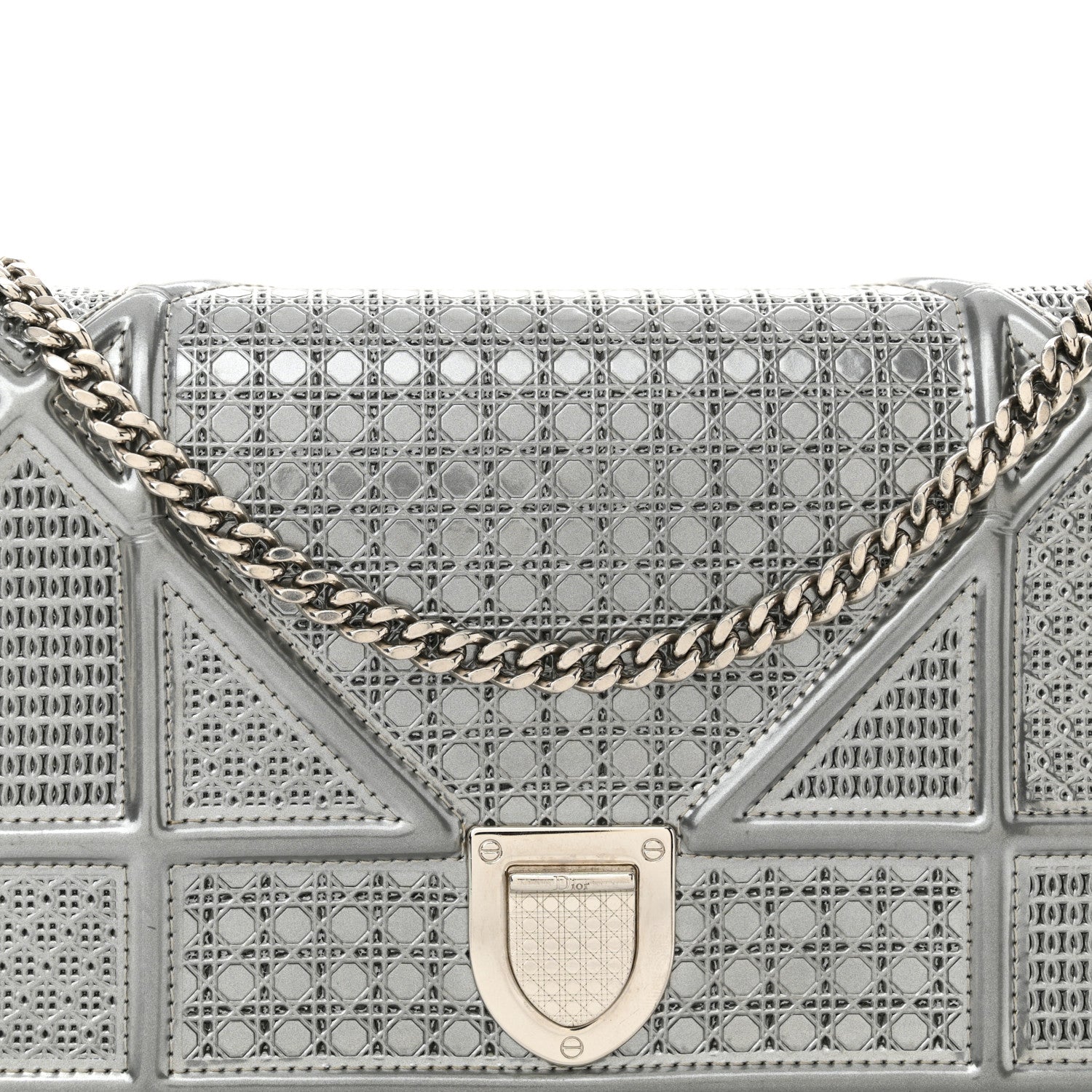Christian Dior Metallic Patent Micro-Cannage Diorama Wallet on Chain Pouch Silver 8 of 14