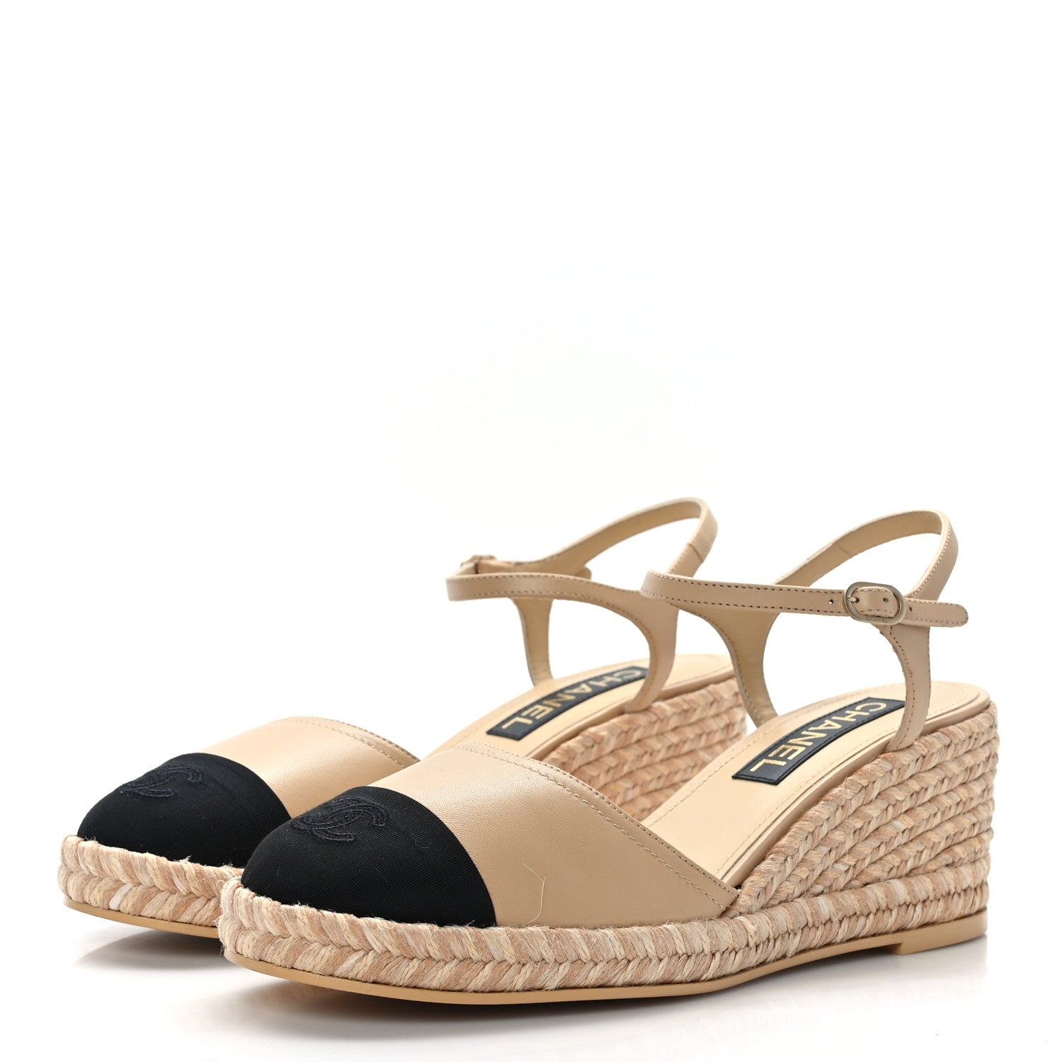 Chanel Lambskin Grosgrain CC Espadrilles Wedges 41 Beige Black 3 of 9