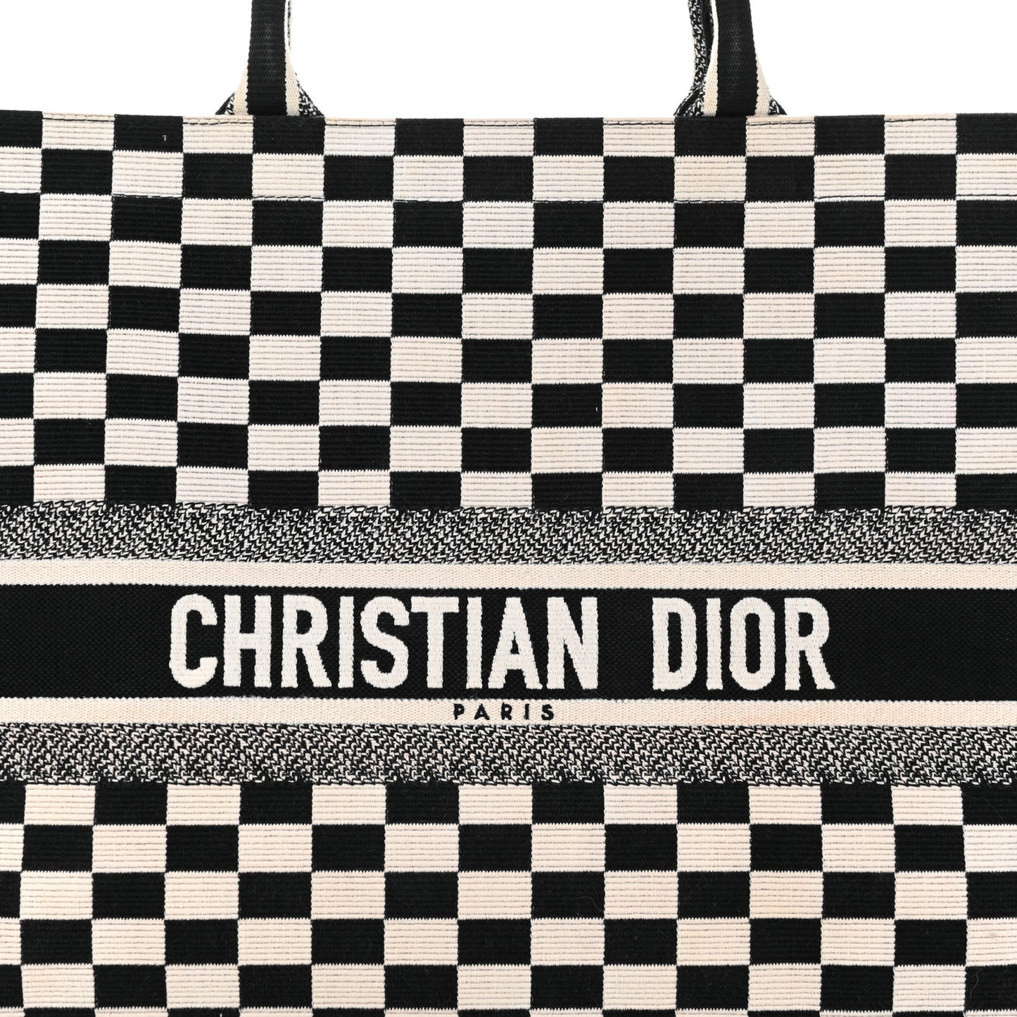 Canvas Embroidered Checkered Book Tote Black White
