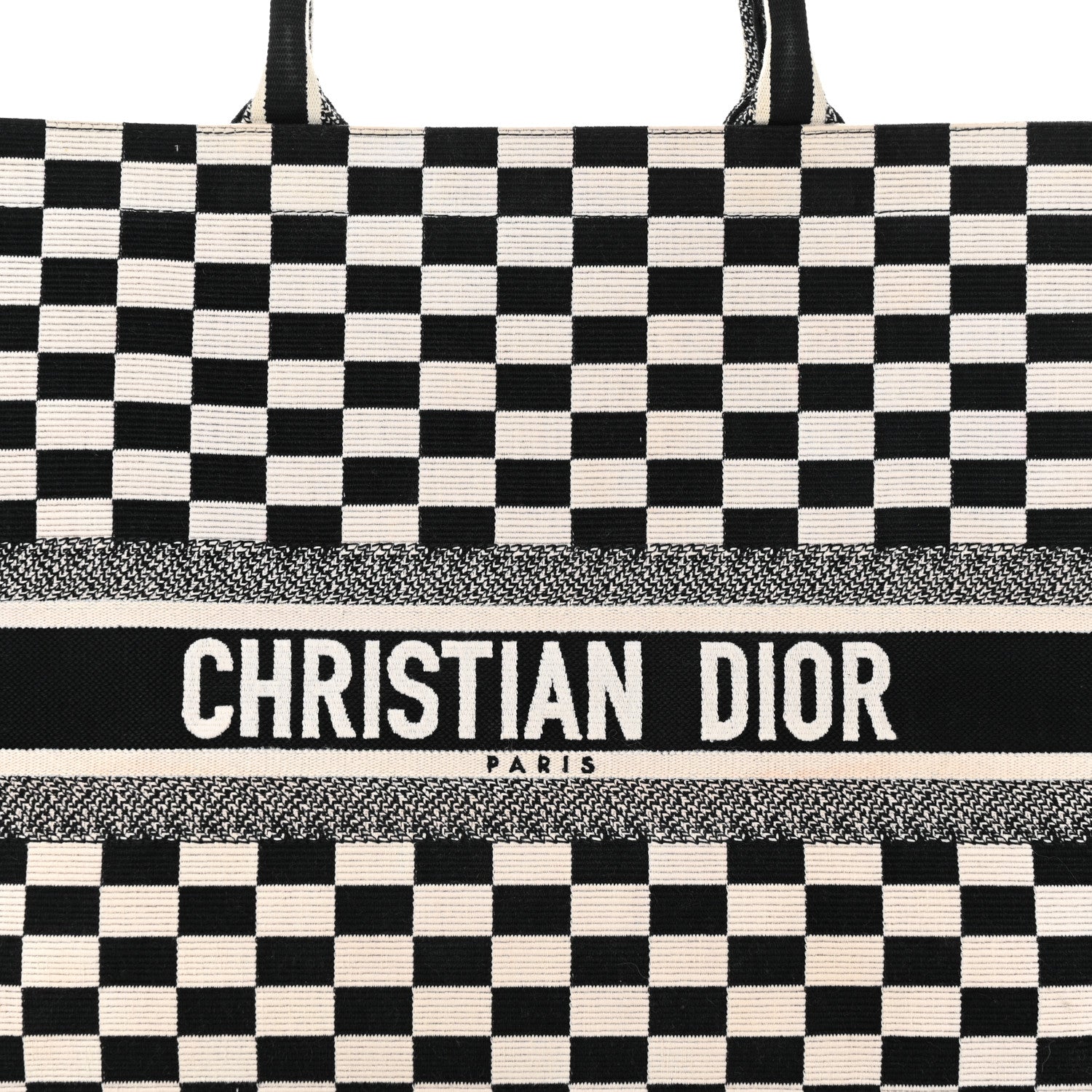 Christian Dior Canvas Embroidered Checkered Book Tote Black White 8 of 21