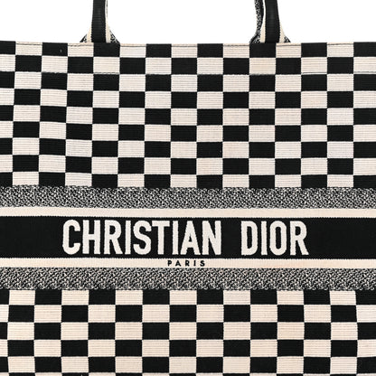 Christian Dior Canvas Embroidered Checkered Book Tote Black White 8 of 21