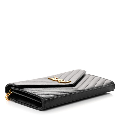Saint Laurent Grain De Poudre Matelasse Chevron Monogram Chain Wallet Black 4 of 9