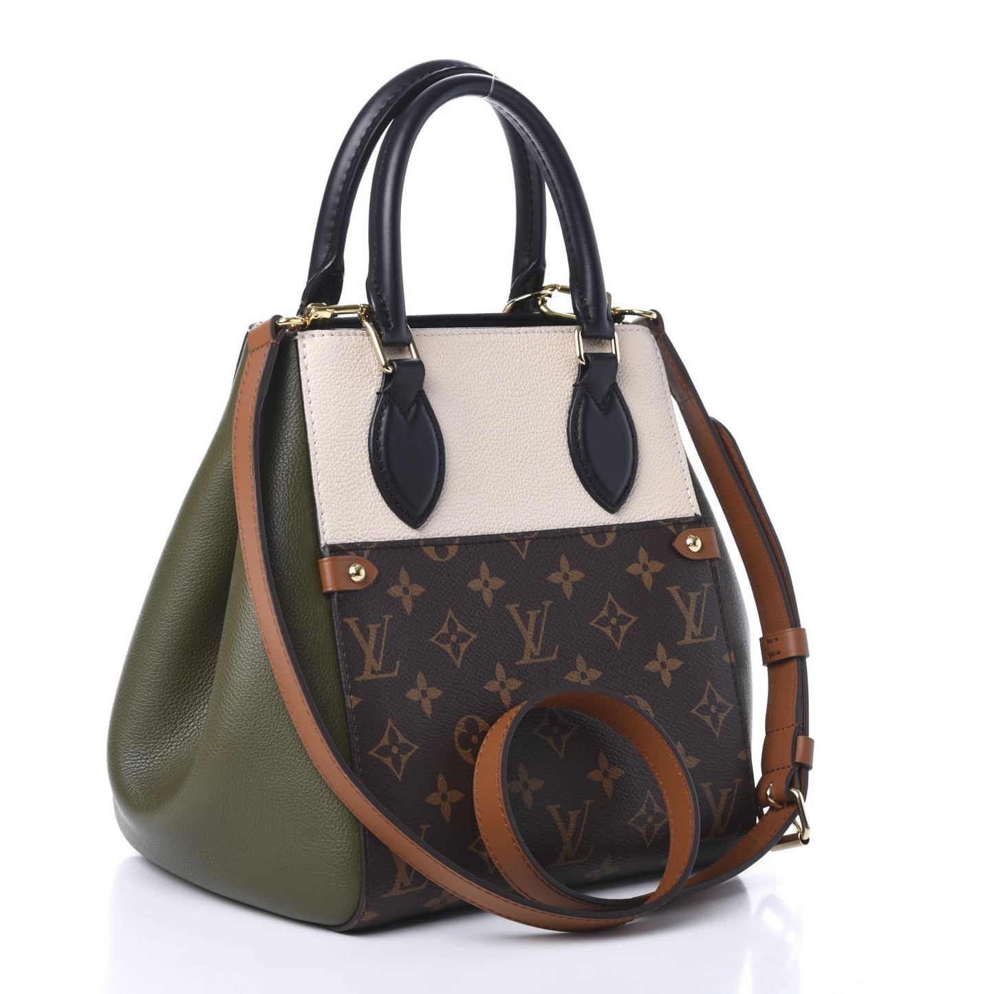 Calfskin Monogram Fold Tote MM Black Khaki Cream