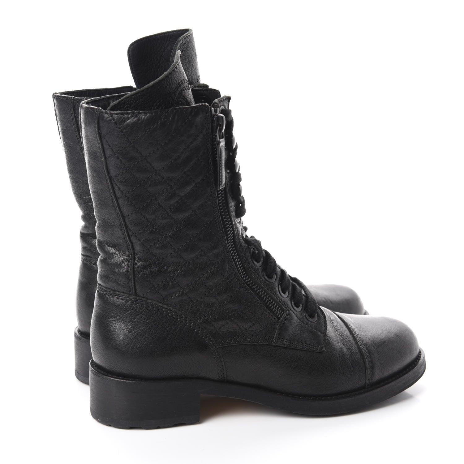 Chanel Sheepskin Quilted CC Tall Lace Up Combat Boots 39 Black 4 of 11