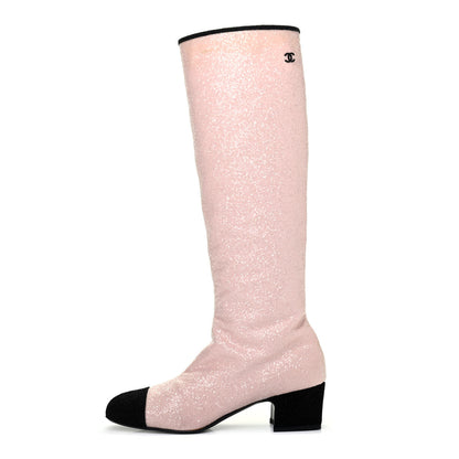 Chanel Glitter Fabric Lurex Cap Toe Fantasy High Boots 38.5 Pink Black 1 of 16