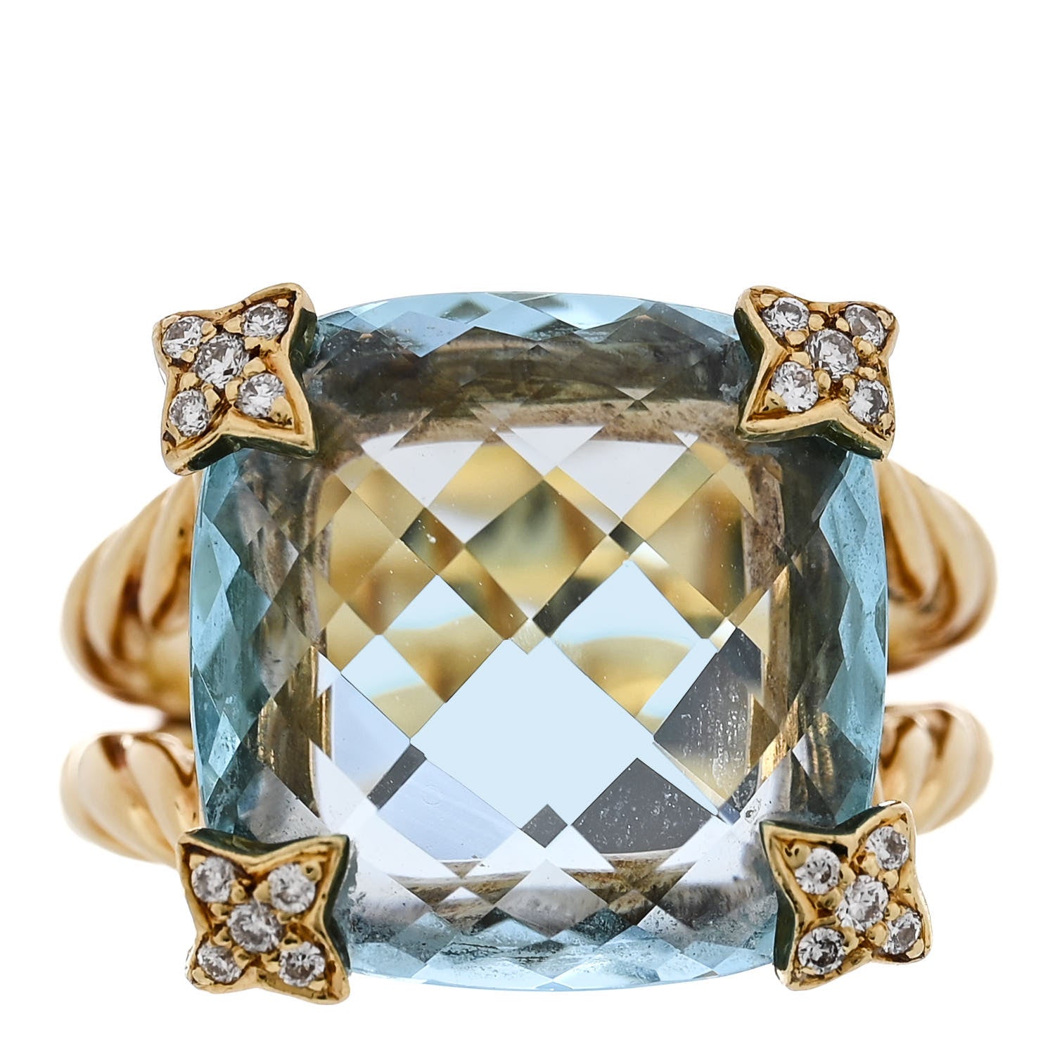 David Yurman 18K Yellow Gold Diamond Blue Topaz 15mm Cushion On Point Ring 52 6 1 of 5