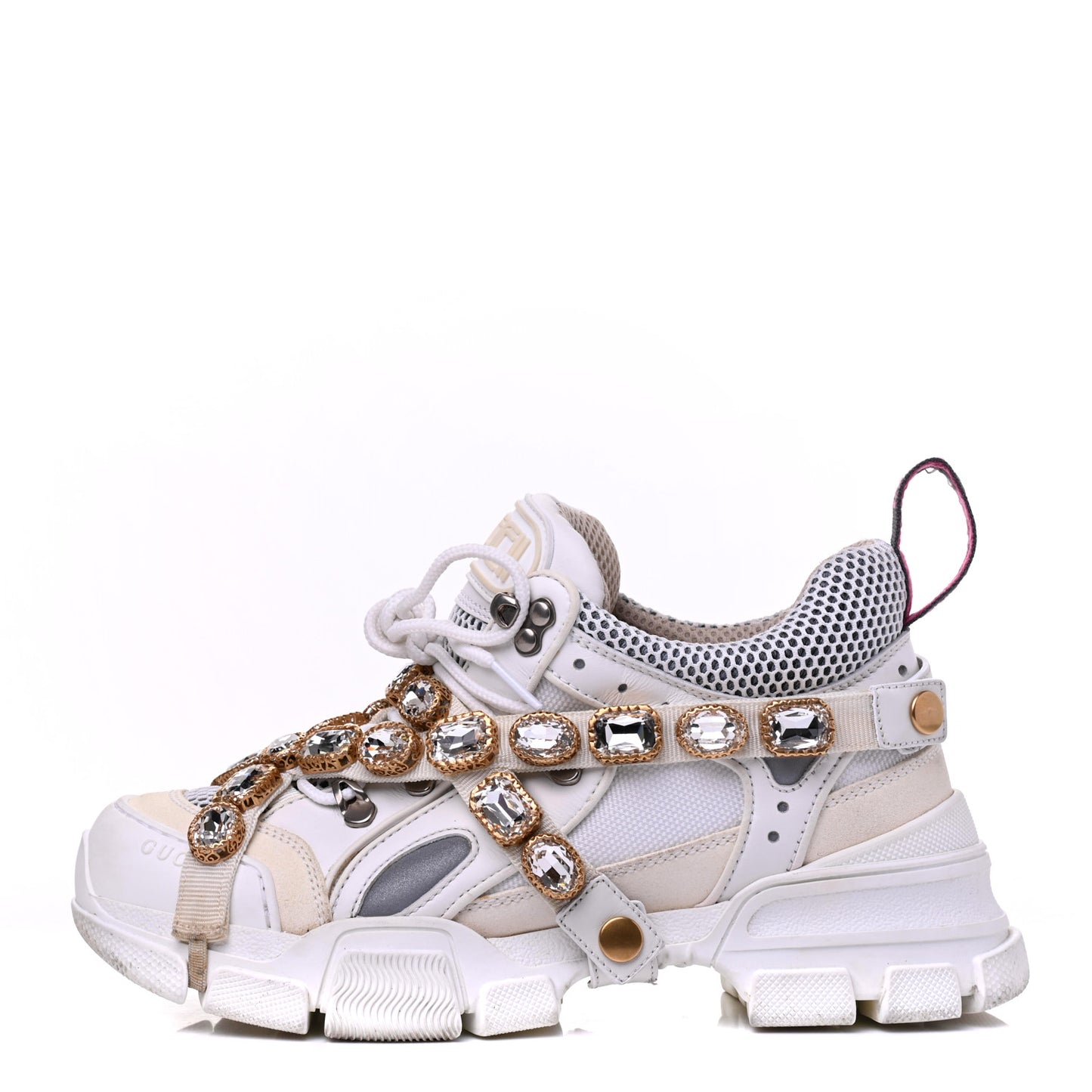 X SEGA Mesh Calfskin Suede Removable Crystals Womens Flashtrek Sneakers 38.5 Great White