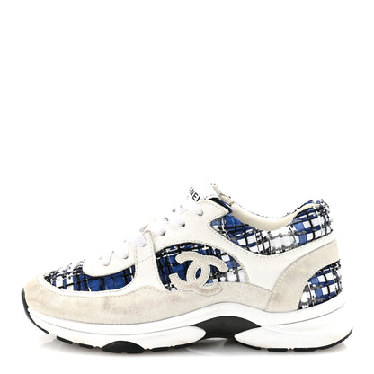 Chanel Tweed Suede Calfskin Womens CC Sneakers 36.5 Dark Blue Black Grey White 1 of 10