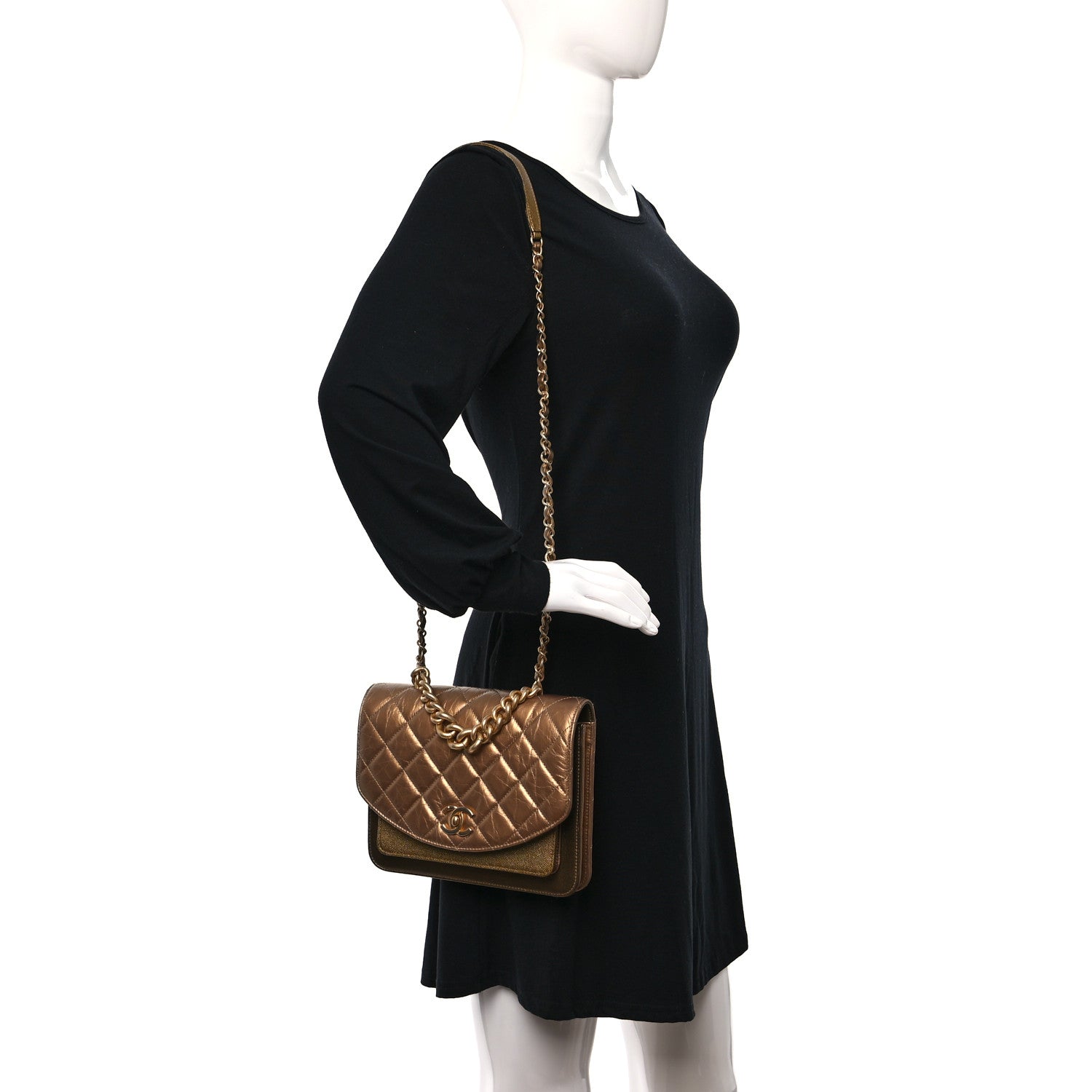 Chanel Metallic Calfskin Caviar Quilted Mini Chain Handle Flap Gold 2 of 11