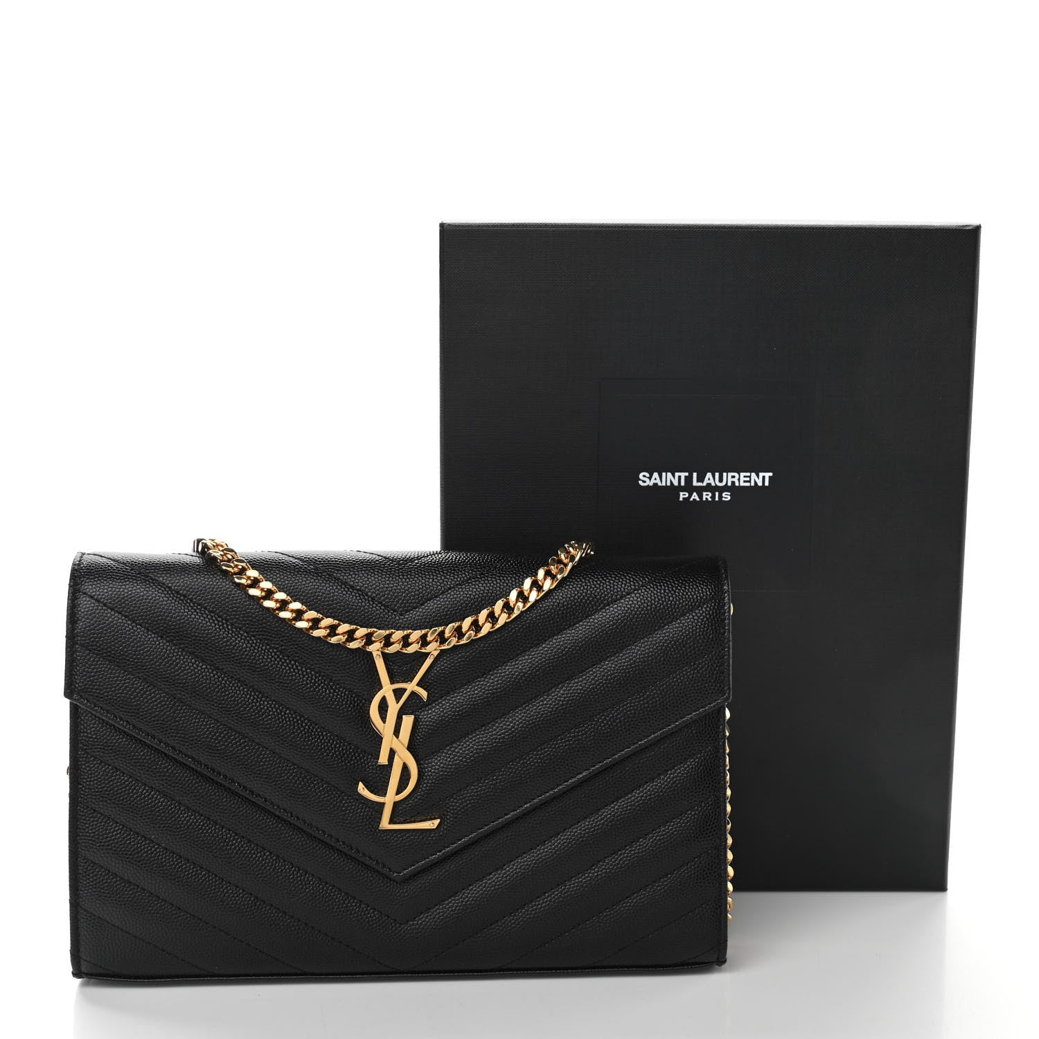 Saint Laurent Grain De Poudre Matelasse Chevron Monogram Chain Wallet Black 10 of 10