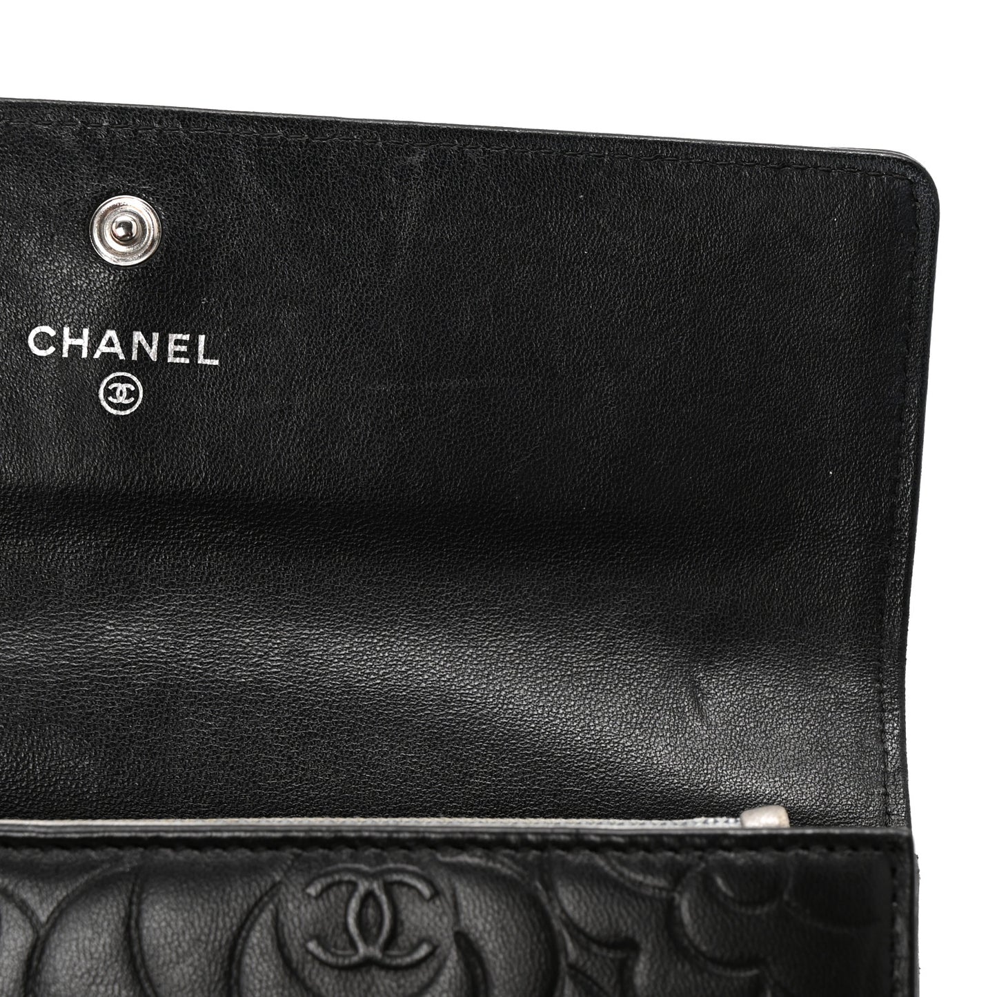 Lambskin Embossed Camellia Large Gusset Flap Wallet Black