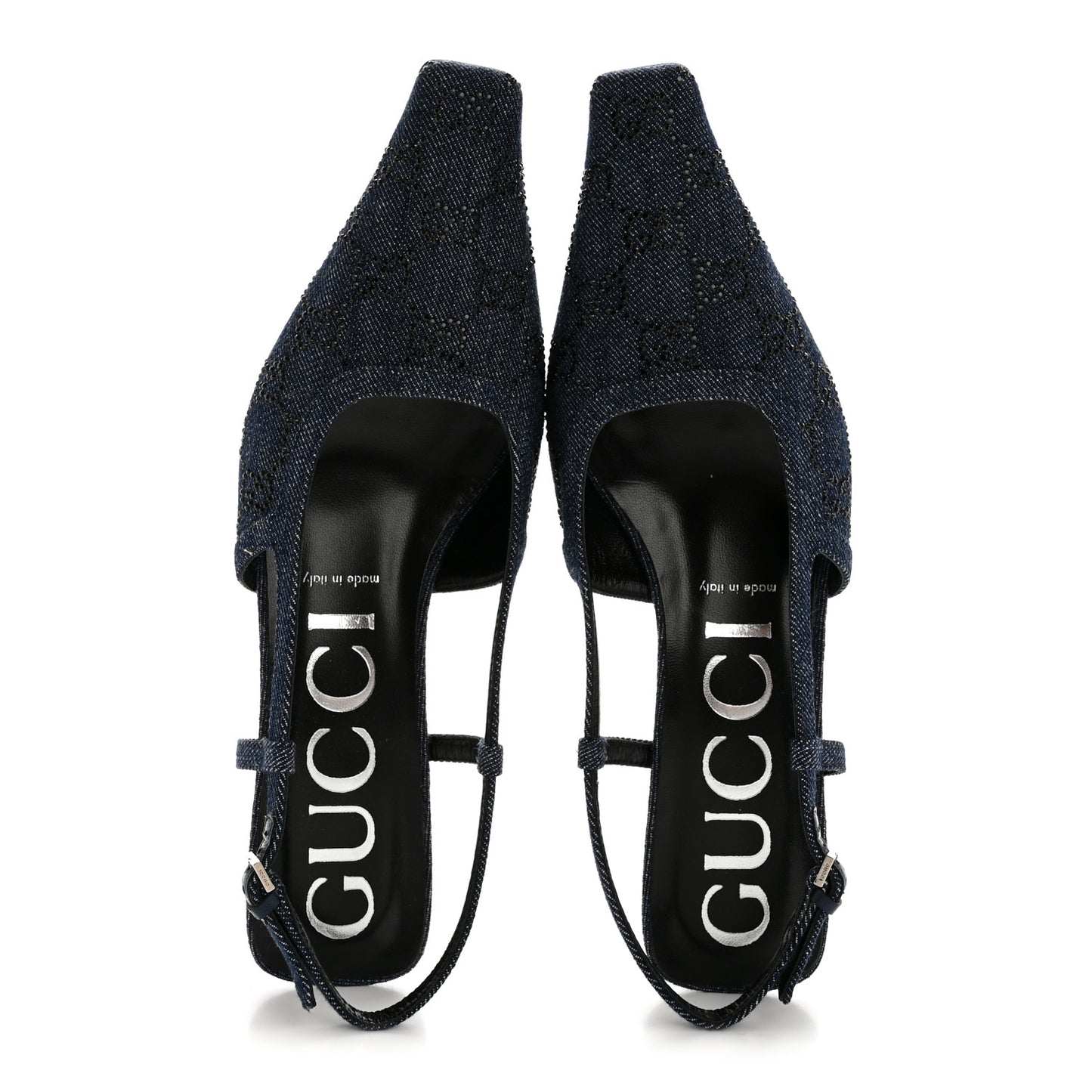 Denim GG Monogram Malaga Kid Crystal Square G 35mm Slingback Pumps 39.5 Blue
