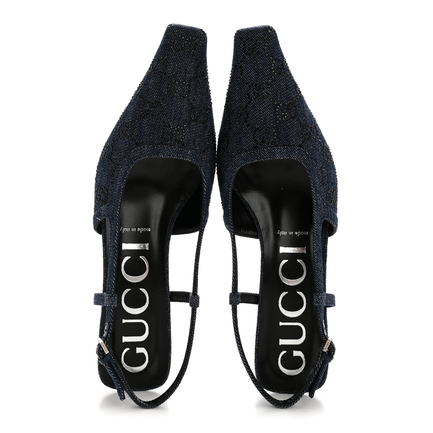 Gucci Denim GG Monogram Malaga Kid Crystal Square G 35mm Slingback Pumps 39.5 Blue 2 of 10