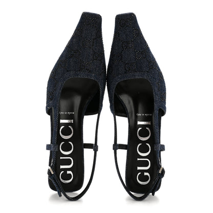 Gucci Denim GG Monogram Malaga Kid Crystal Square G 35mm Slingback Pumps 39.5 Blue 2 of 10