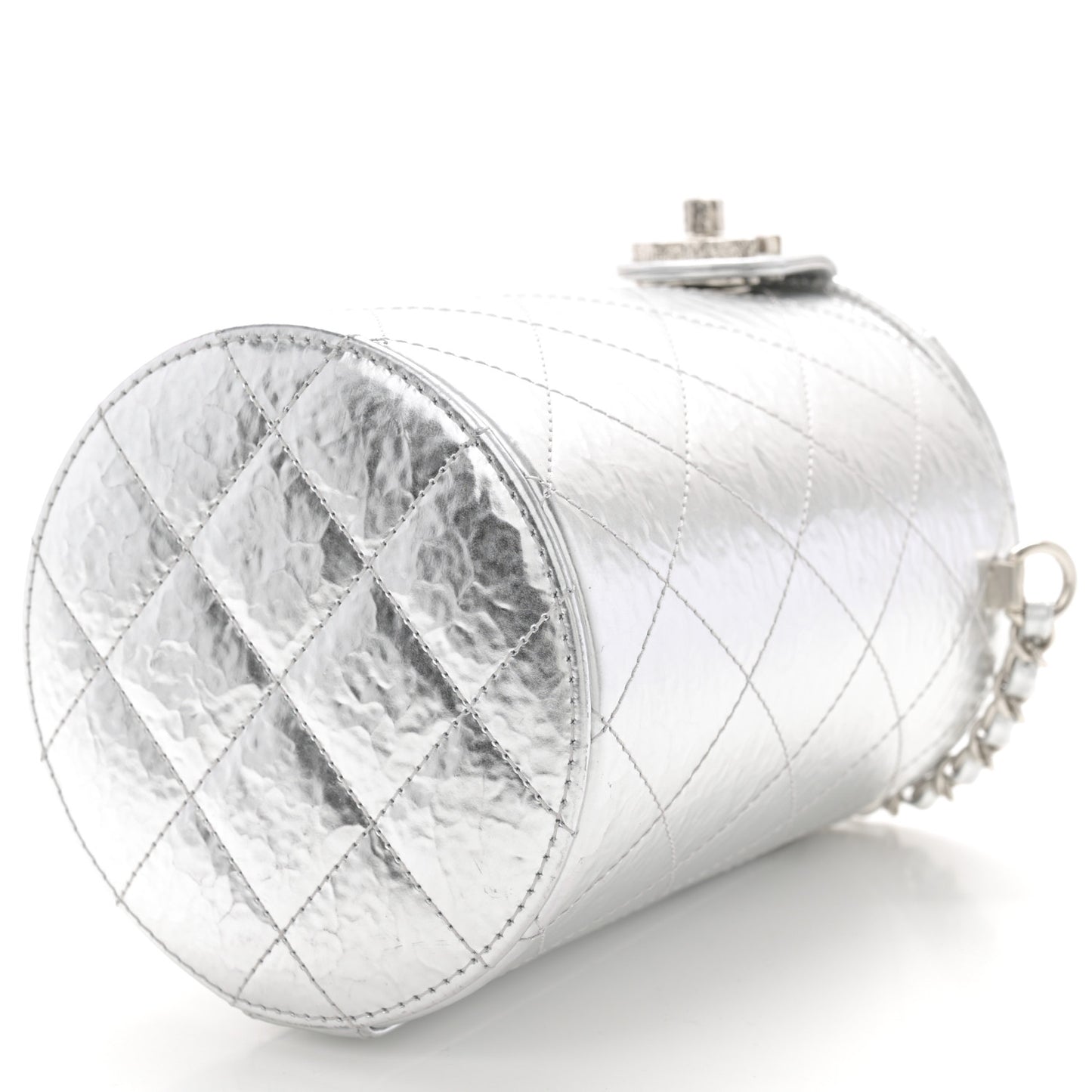 Hammered Metallic Calfskin Quilted Vanity Clutch With Chain Silver