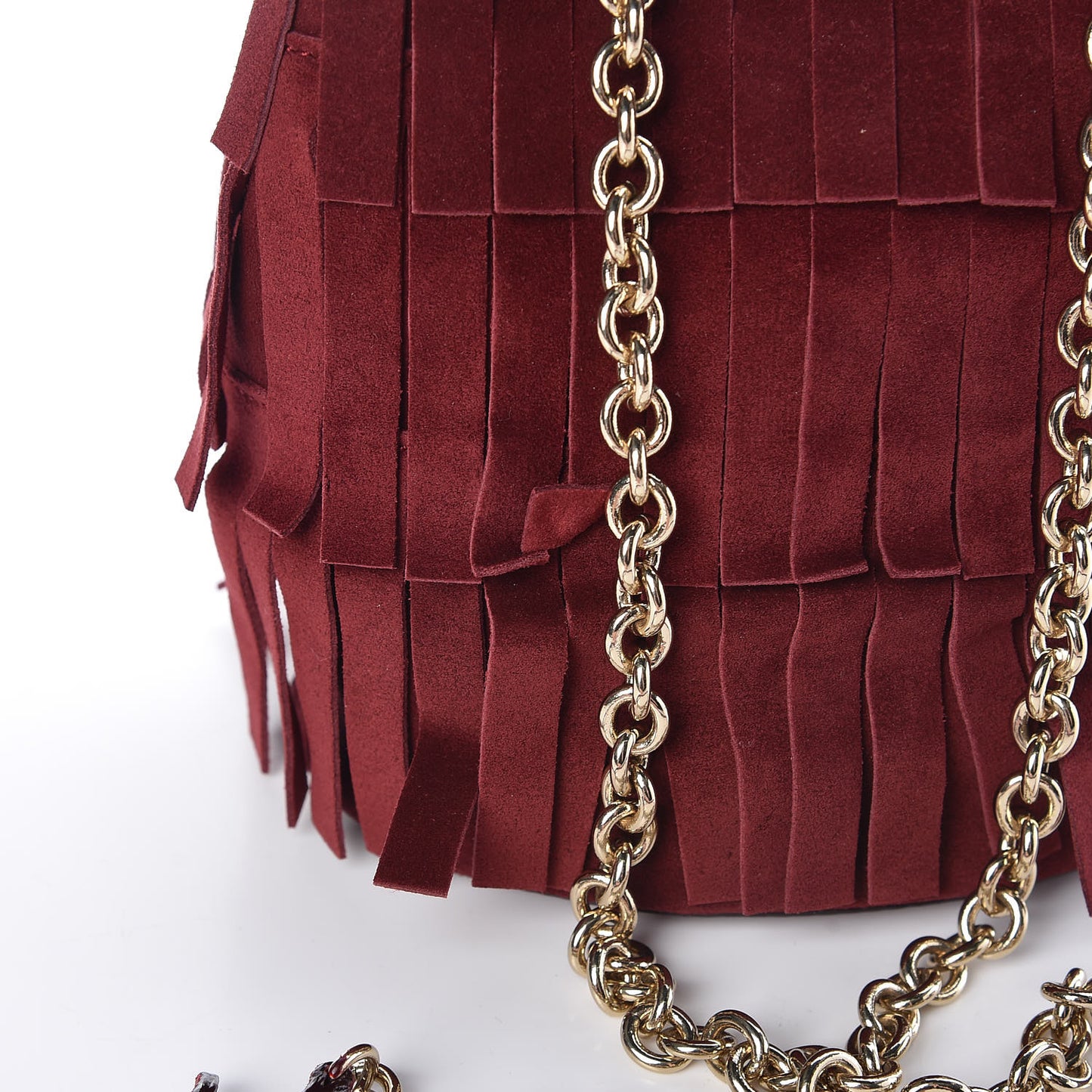 Suede Fringe Mini Bucket Bag Cherry
