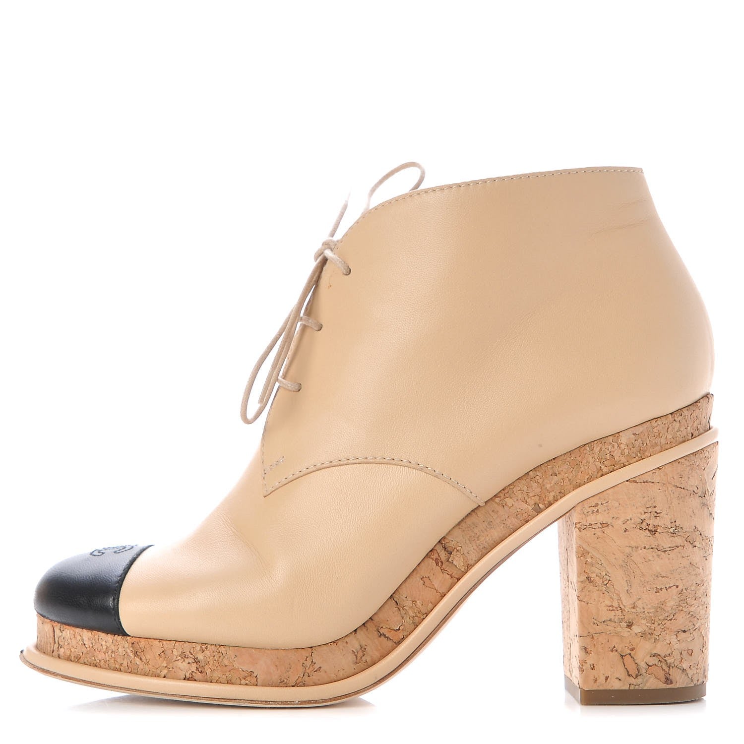 Chanel Lambskin Cork Cap Toe CC Lacets Booties 40 Beige Black 1 of 12