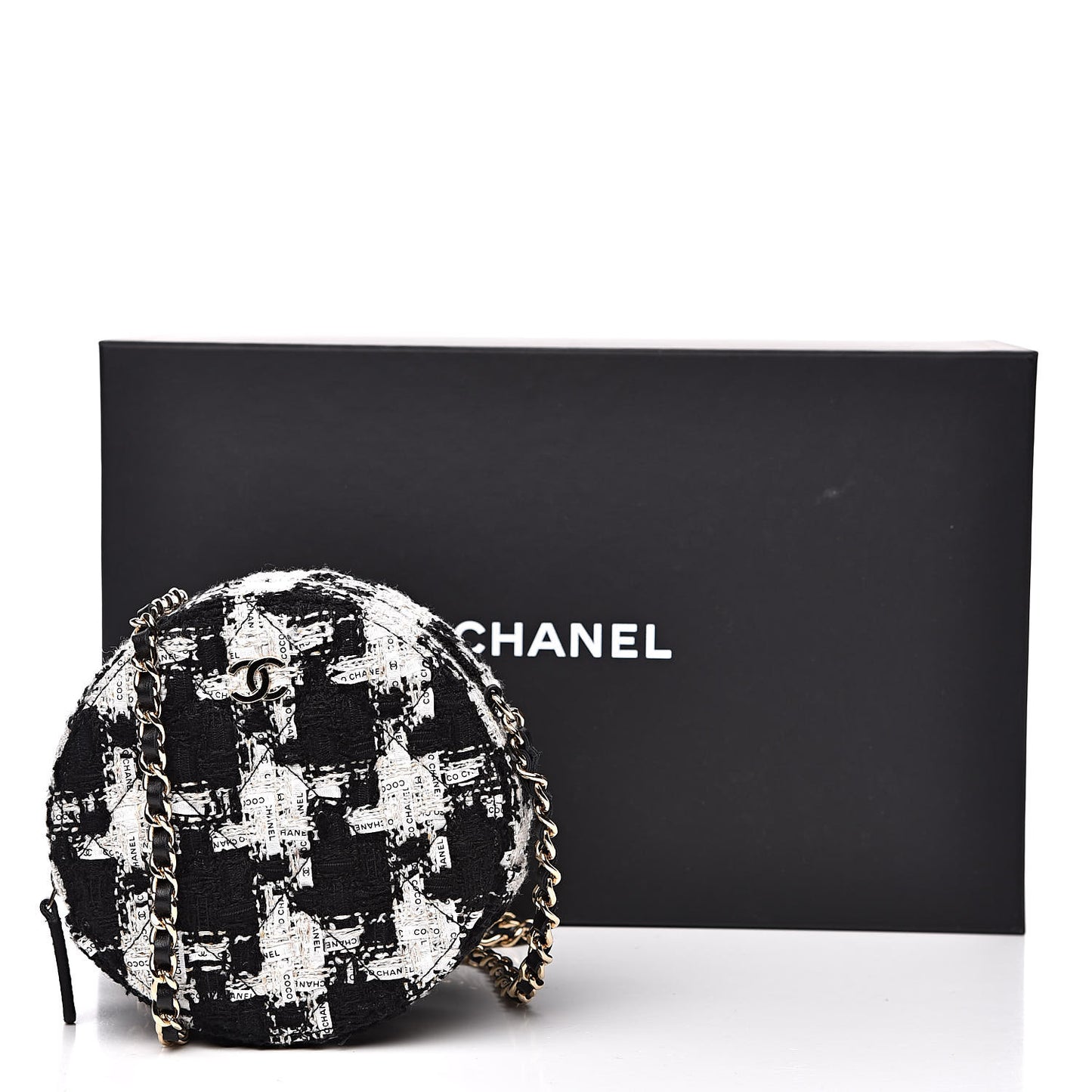 Tweed Round Clutch With Chain Black White