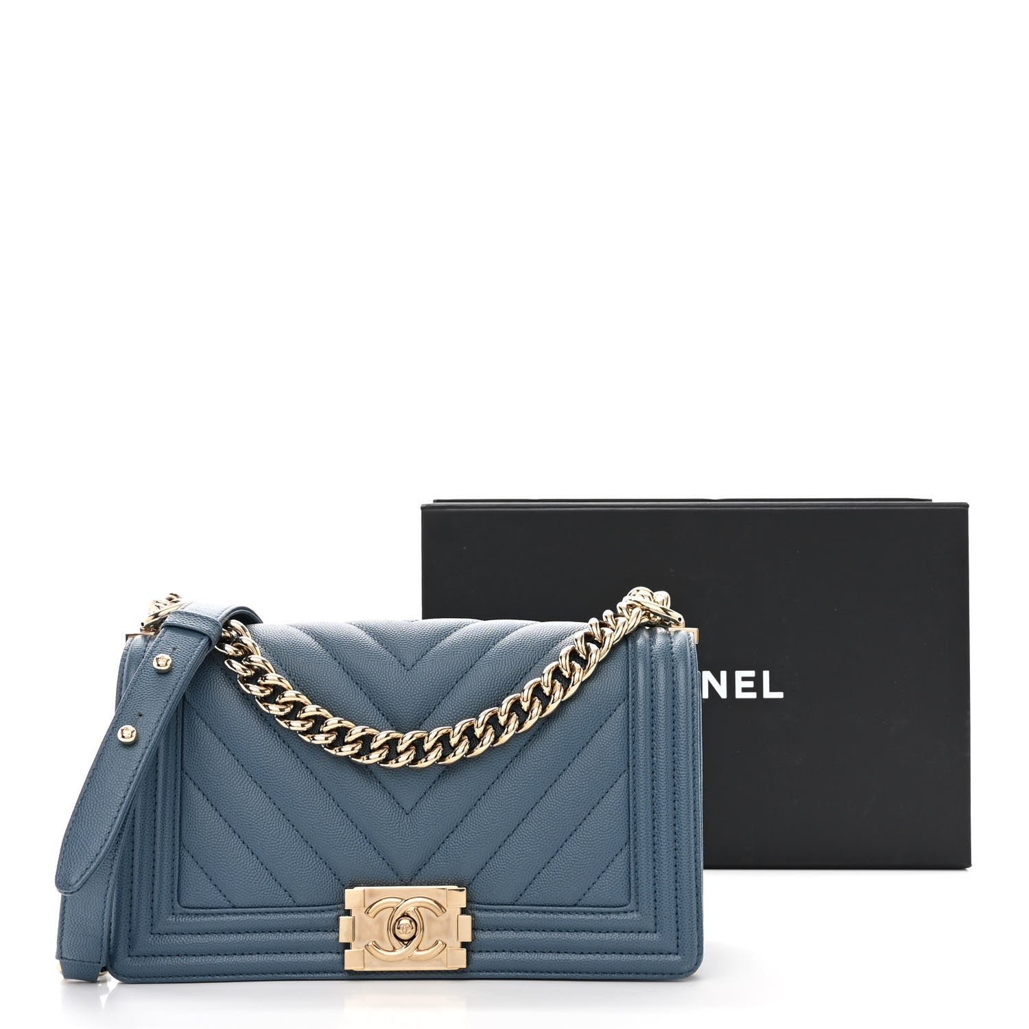 Chanel Caviar Chevron Quilted Medium Boy Flap Blue 11 of 11