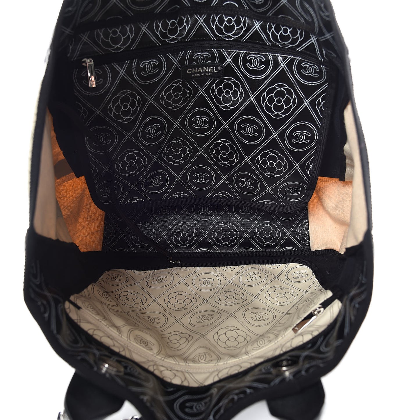 Coated Canvas Camellia Medium Shopping Tote Black Beige