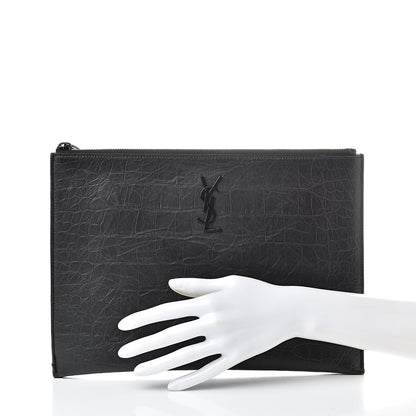 Saint Laurent Calfskin Crocodile Embossed Monogram iPad Case Black 2 of 11