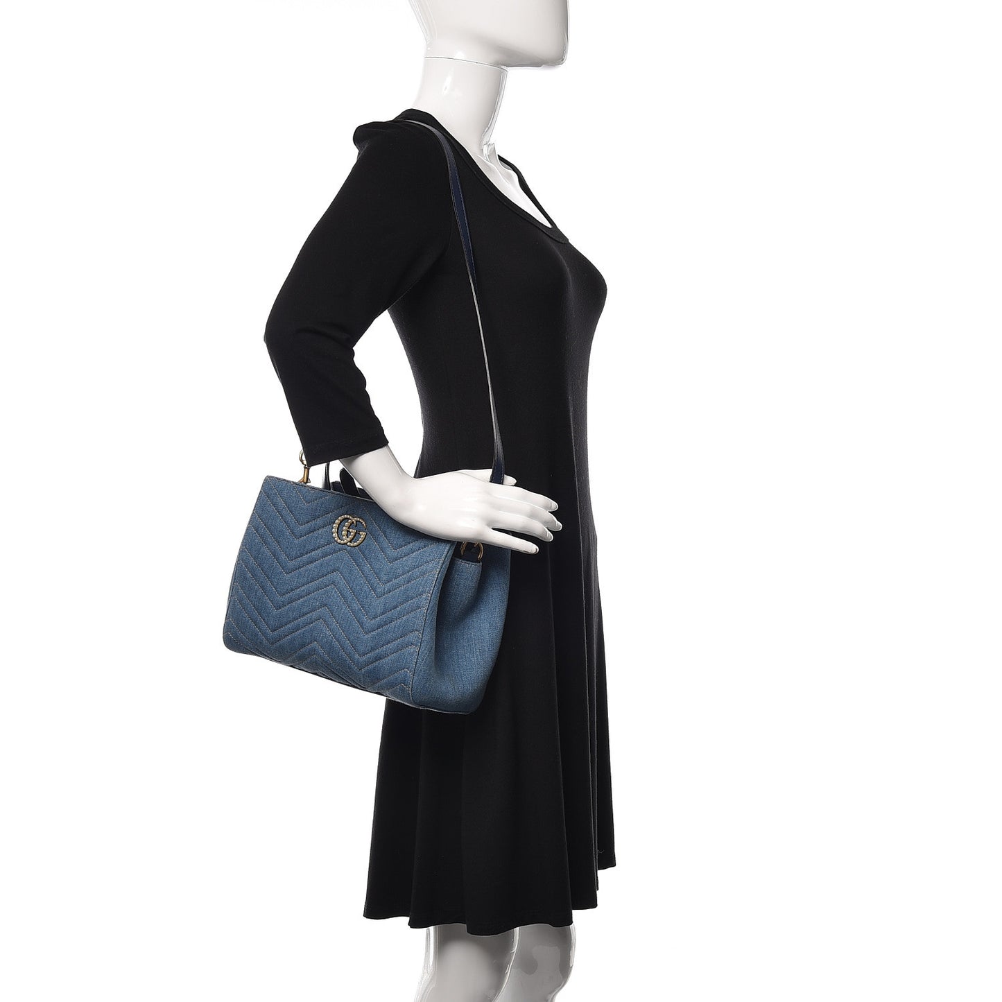 Denim Matelasse Small Pearly GG Marmont Tote Blue