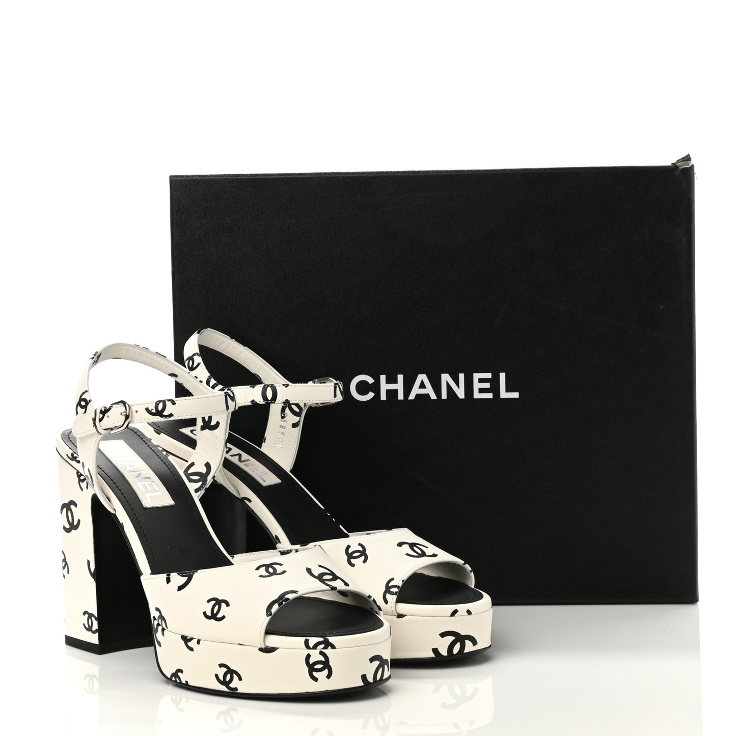 Printed Lambskin CC Platform Sandals 39.5 White Black