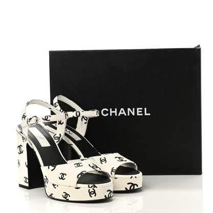 Chanel Printed Lambskin CC Platform Sandals 39.5 White Black 9 of 9