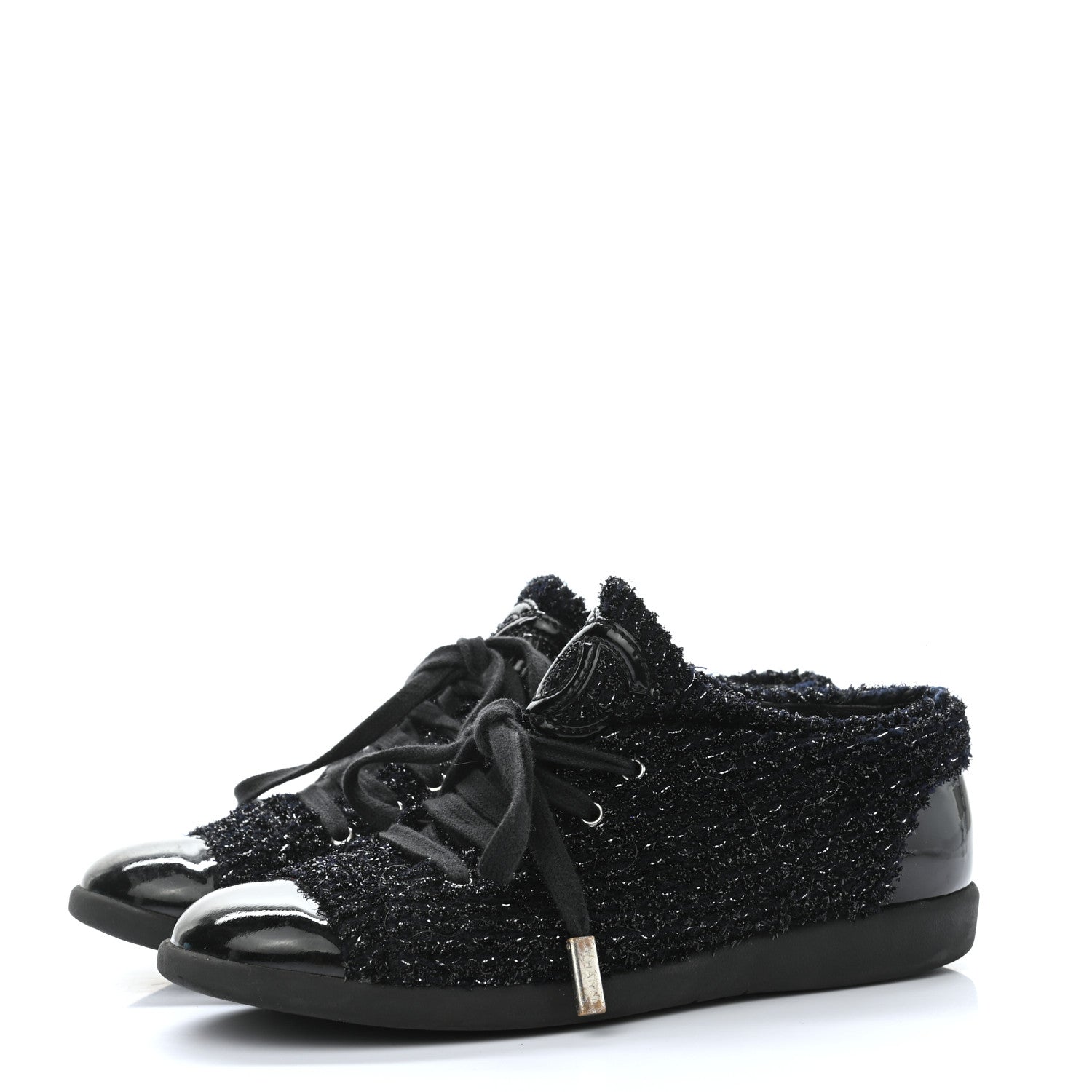 Chanel Tweed Patent Cap Toe CC Sneakers 36 Black 3 of 8