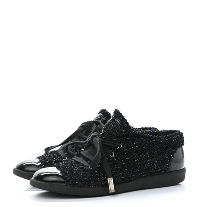 Chanel Tweed Patent Cap Toe CC Sneakers 36 Black 3 of 8