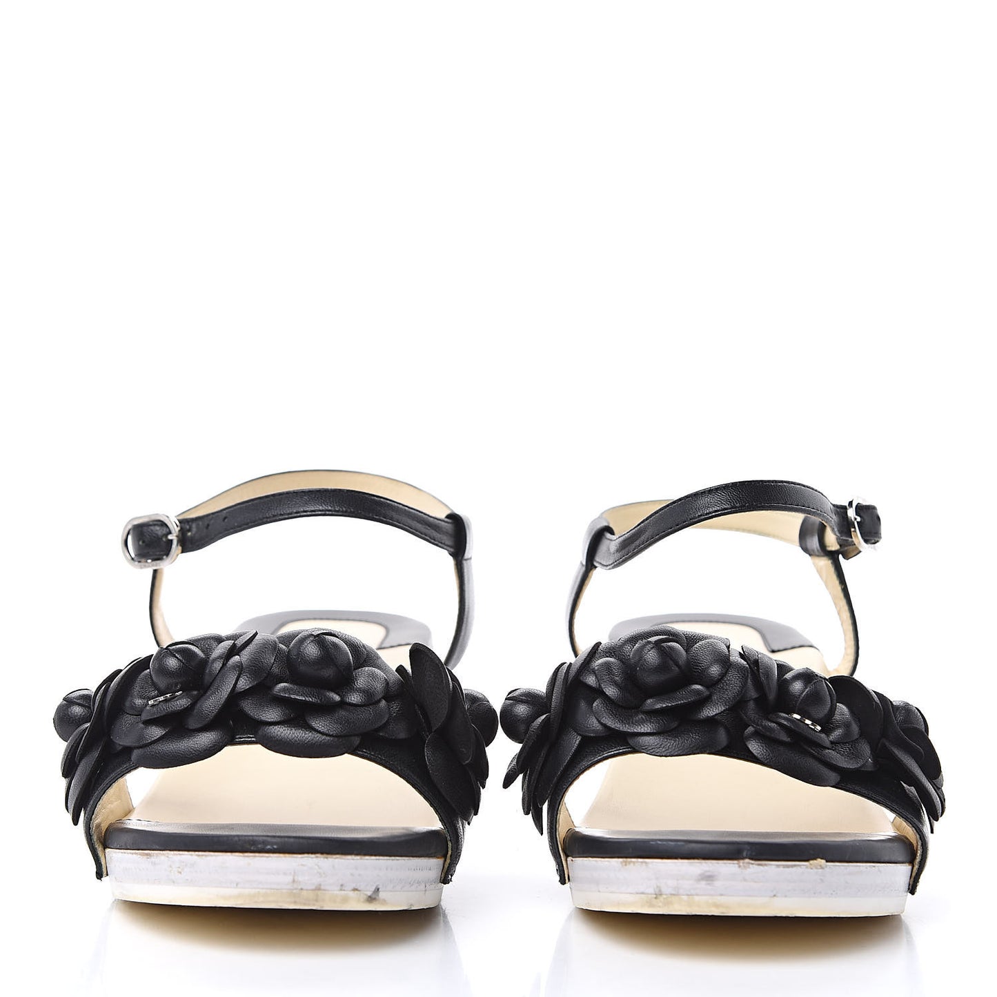 Calfskin Camellia Sandals 39 Black