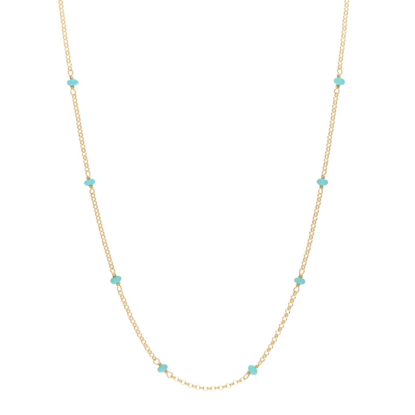 18K Yellow Gold Turquoise Cable Collectibles Bead Station Necklace 18"