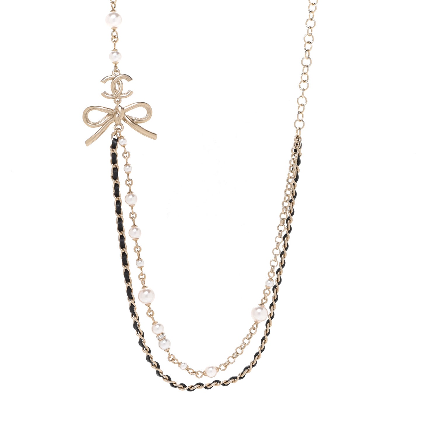 Calfskin Pearl Metal CC Bow Necklace Gold White Black