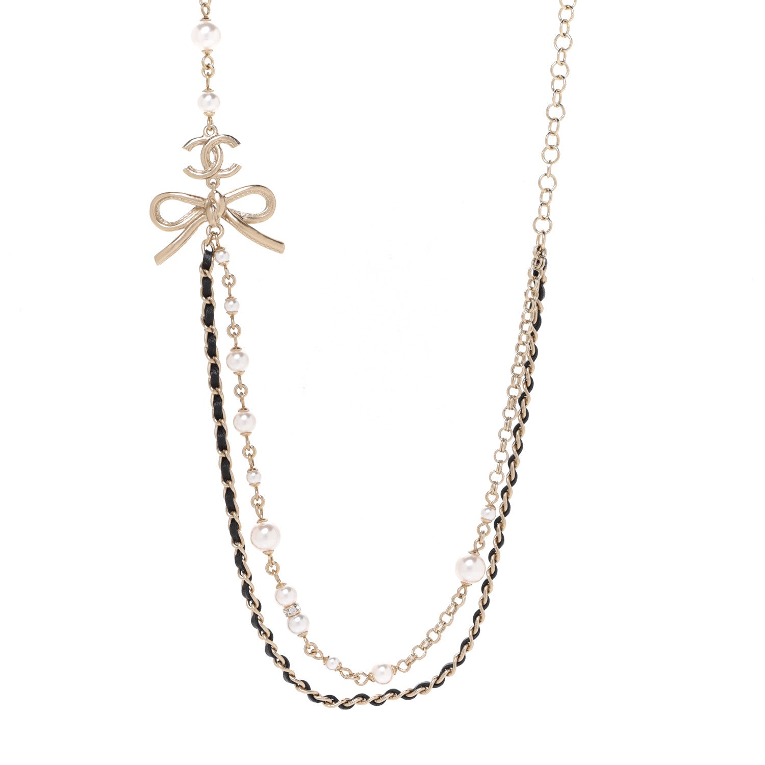 Chanel Calfskin Pearl Metal CC Bow Necklace Gold White Black 1 of 6