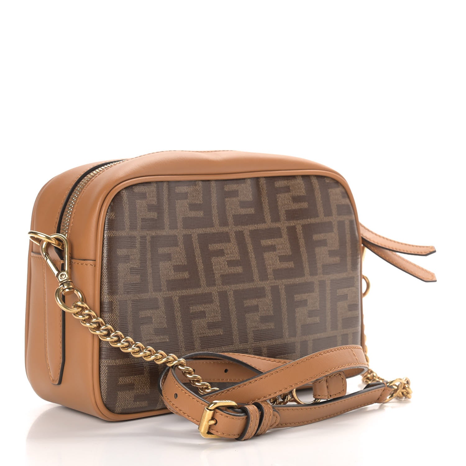 Fendi Glazed Fabric Vitello Century FF 1974 Stamp Patch Camera Case Mogano Panna Caramello 3 of 9