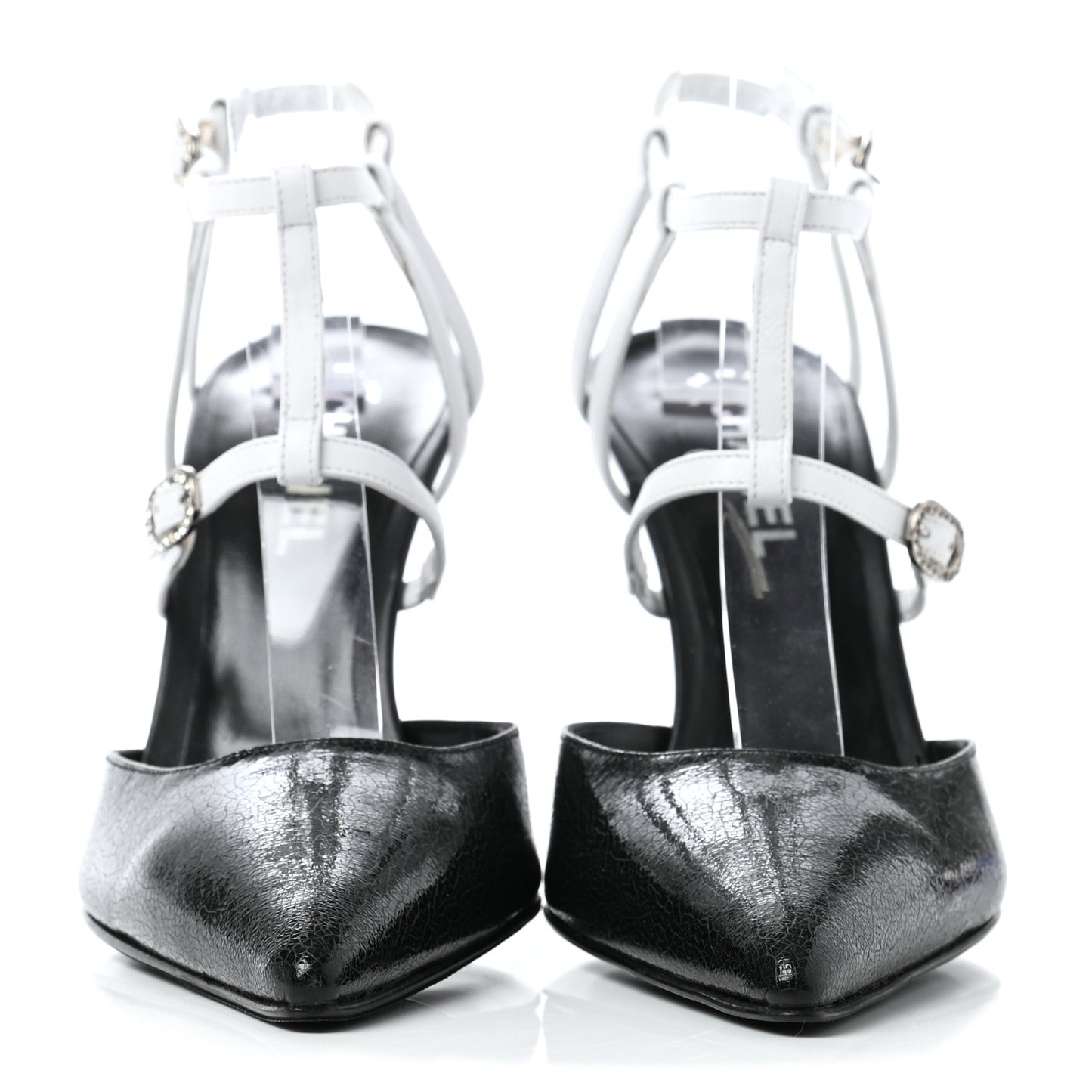 Crackled Calfskin Patent Ankle Strap Pumps 40 Black White